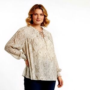 Soft Feminine AUTRED FILLES Lantern Sleeve Sheer Lined Boho Blouse 1X New